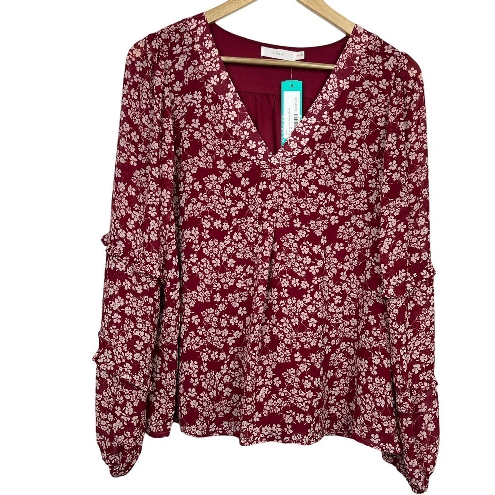 NWT STITCH FIT LUSH Sharpay BERRY-CREAM‎ Warren V Neck L/S Oversized Blouse M